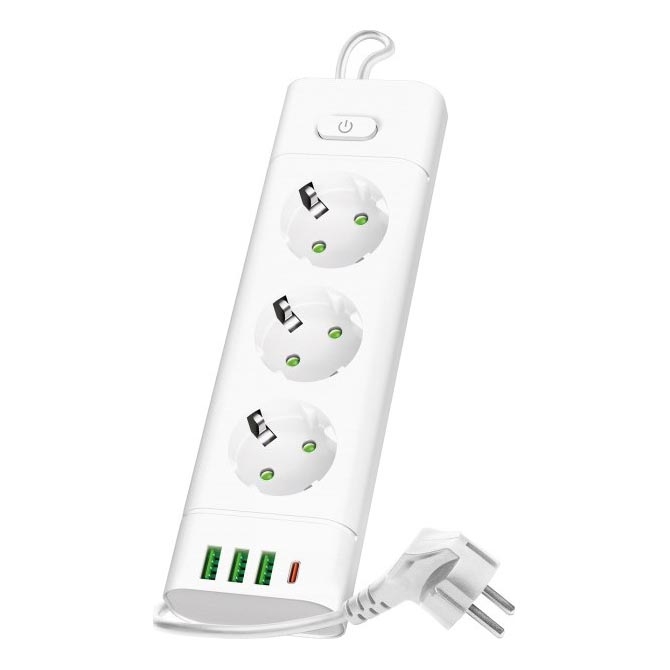 Régua de tomadas com interruptor LINEA PRO 3x230V + 3xUSB-A + 1xUSB-C SCHUKO 3 m branca
