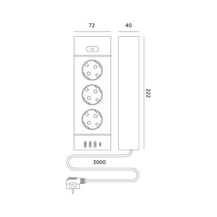 Régua de tomadas com interruptor LINEA PRO 3x230V + 3xUSB-A + 1xUSB-C SCHUKO 3 m preta