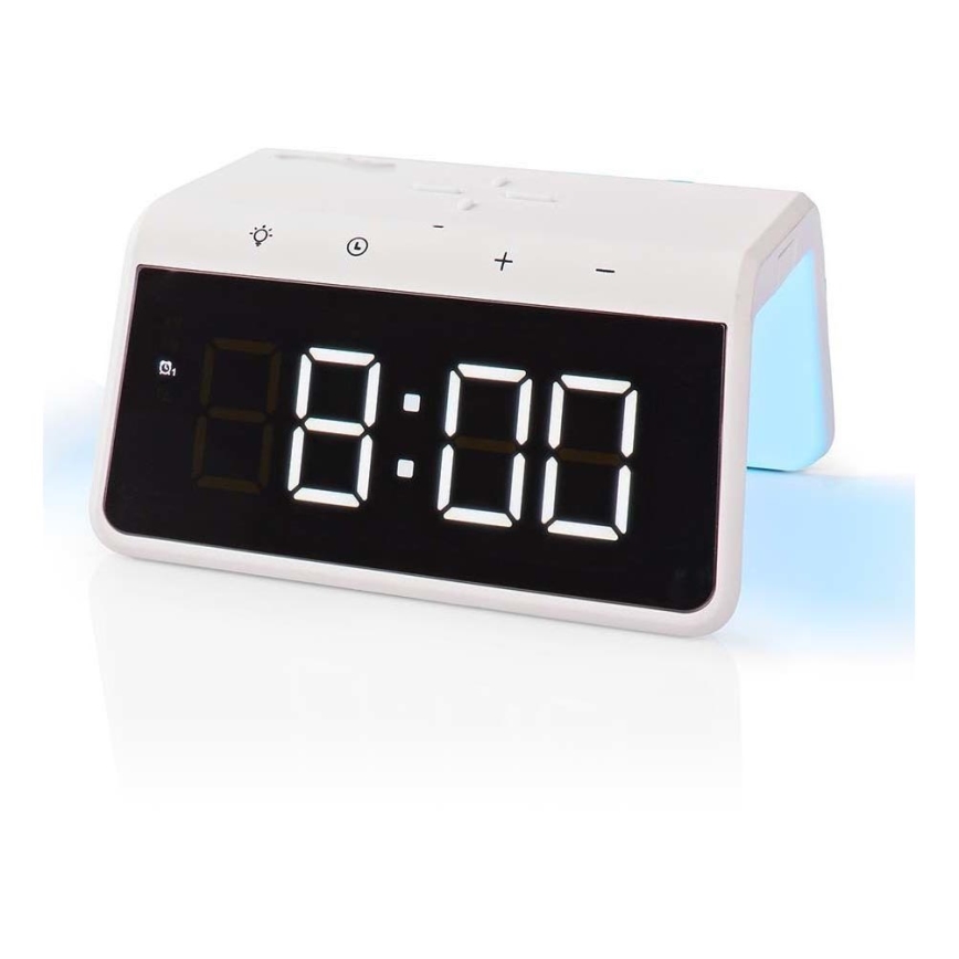 Relógio despertador com visor LCD e carregador sem fios 15W/230V branco