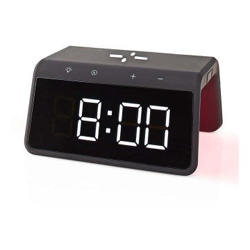 Relógio despertador com visor LCD e carregador sem fios 15W/230V preto