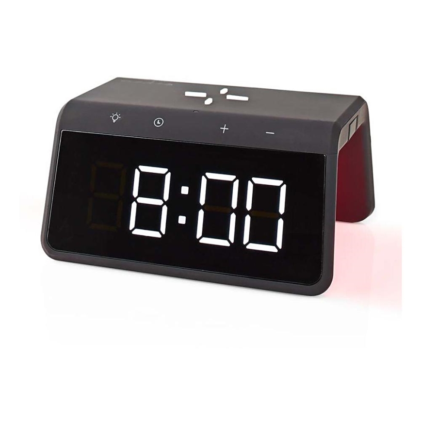 Relógio despertador com visor LCD e carregador sem fios 15W/230V preto