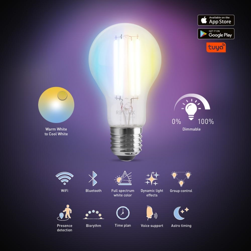 Lâmpada LED com regulação FILAMENT A60 E27/7W/230V 2700-6500K Wi-Fi Tuya
