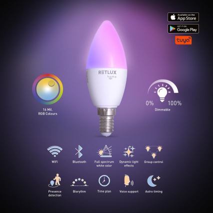 Lâmpada LED RGBW com regulação C37 E14/4,5W/230V 2700-6500K Wi-Fi Tuya