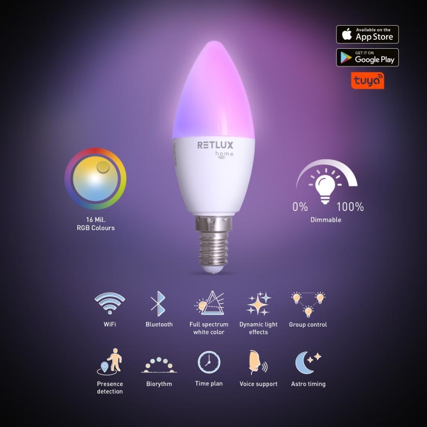 Lâmpada LED RGBW com regulação C37 E14/4,5W/230V 2700-6500K Wi-Fi Tuya