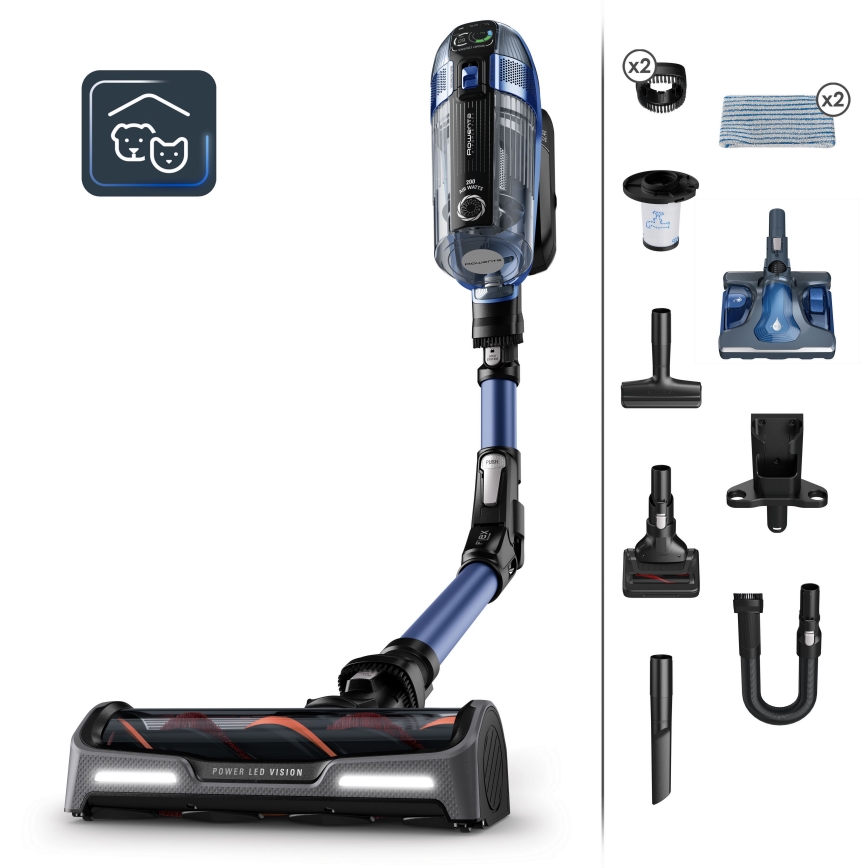 Rowenta - Aspirador de bastão com mopa X-FORCE FLEX ANIMAL AQUA AUTO 3em1 480W/32,4V 2500 mAh azul