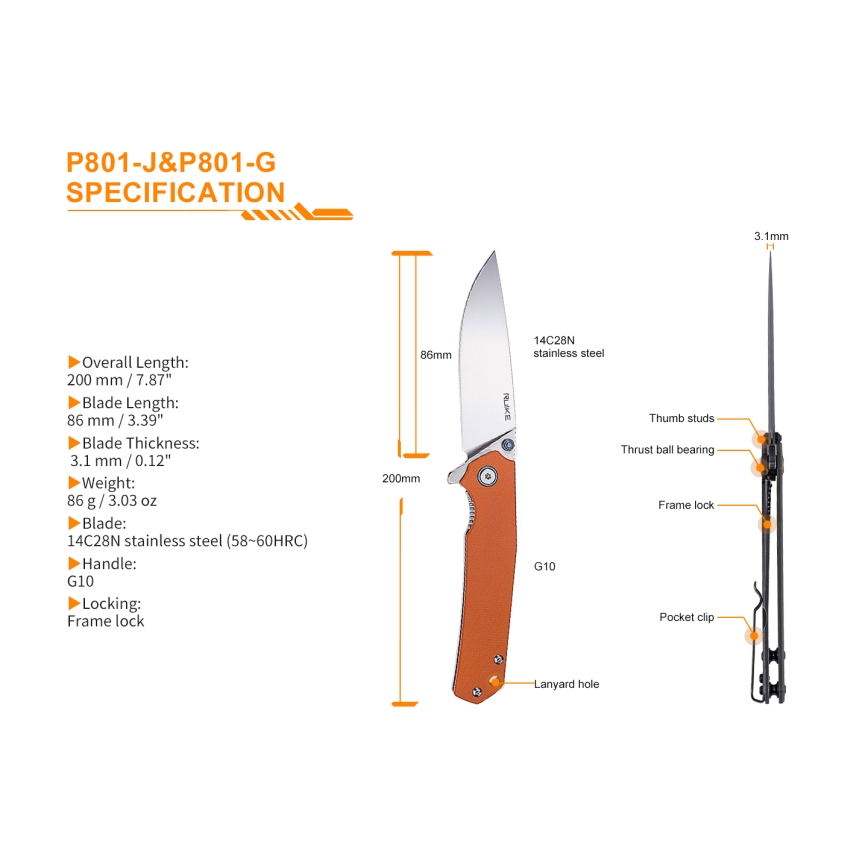 Ruike RUP801J - Canivete dobrável 20 cm laranja