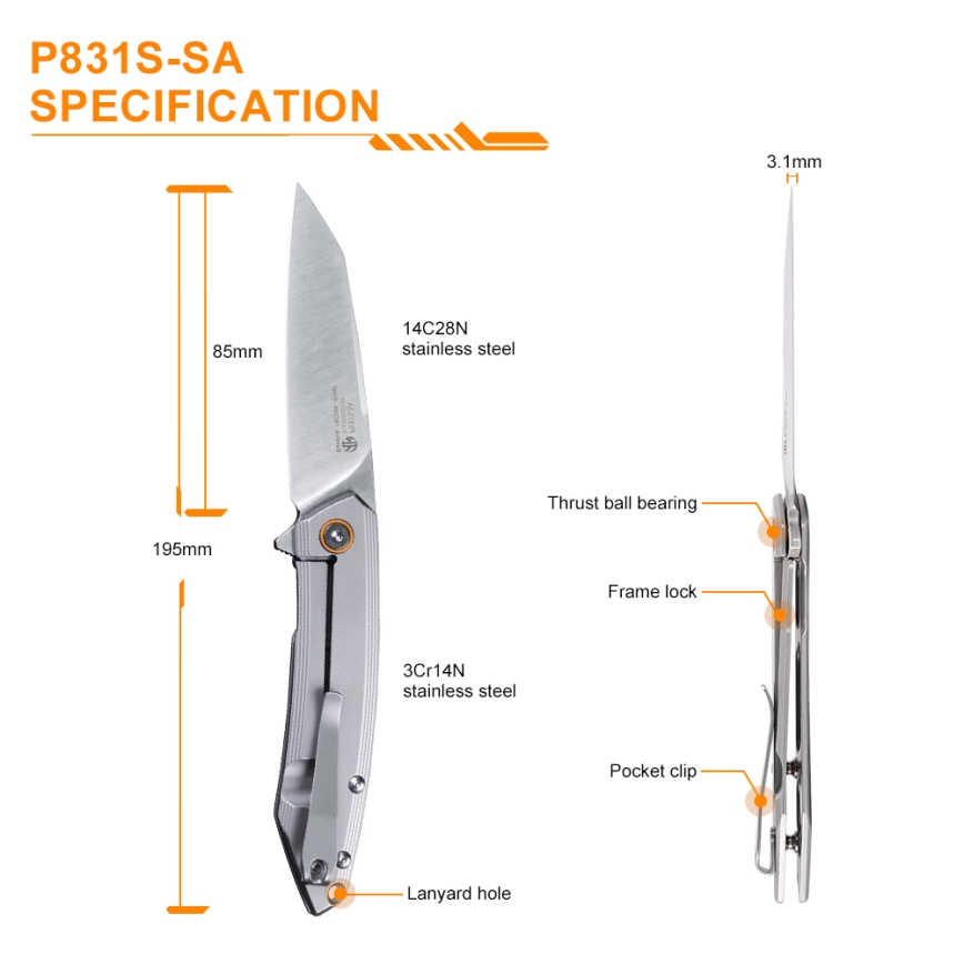 Ruike RUP831SSA - Faca compacta dobrável 19,5 cm prateado