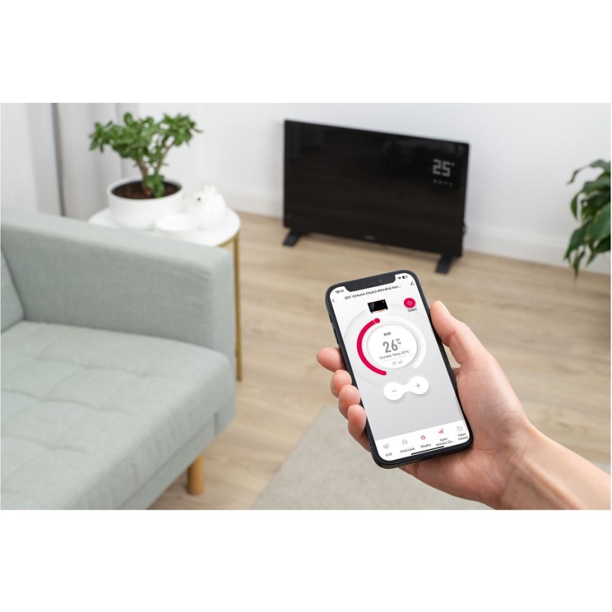 Sencor - Aquecedor elétrico/convector inteligente 2000W/230V IP24 Wi-Fi preto + comando remoto