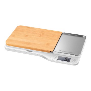 Sencor - Balança de cozinha eletrónica com tábua de corte de bambu 2xAAA branco