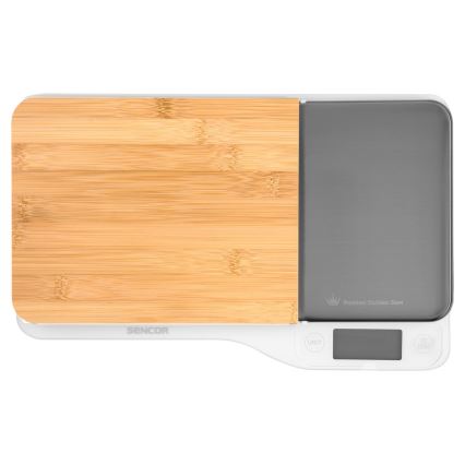Sencor - Balança de cozinha eletrónica com tábua de corte de bambu 2xAAA branco