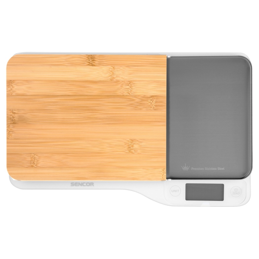 Sencor - Balança de cozinha eletrónica com tábua de corte de bambu 2xAAA branco