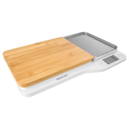 Sencor - Balança de cozinha eletrónica com tábua de corte de bambu 2xAAA branco