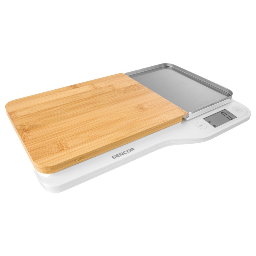Sencor - Balança de cozinha eletrónica com tábua de corte de bambu 2xAAA branco