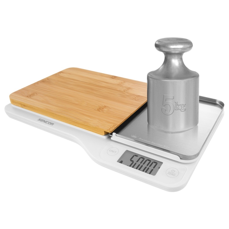 Sencor - Balança de cozinha eletrónica com tábua de corte de bambu 2xAAA branco