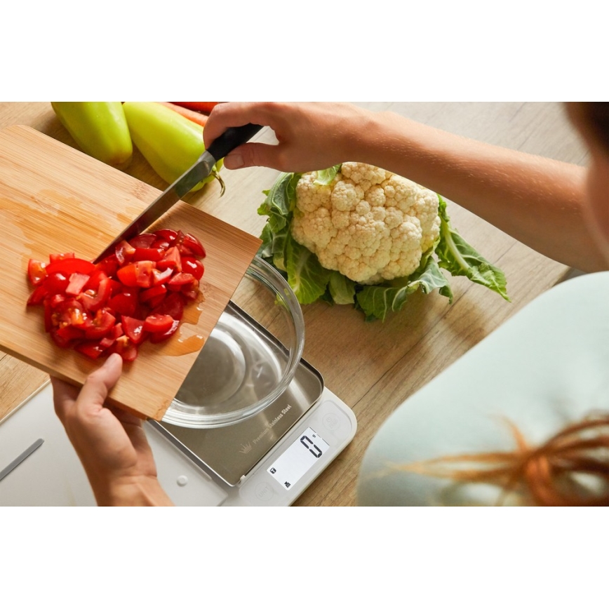 Sencor - Balança de cozinha eletrónica com tábua de corte de bambu 2xAAA branco