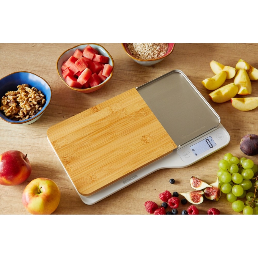 Sencor - Balança de cozinha eletrónica com tábua de corte de bambu 2xAAA branco