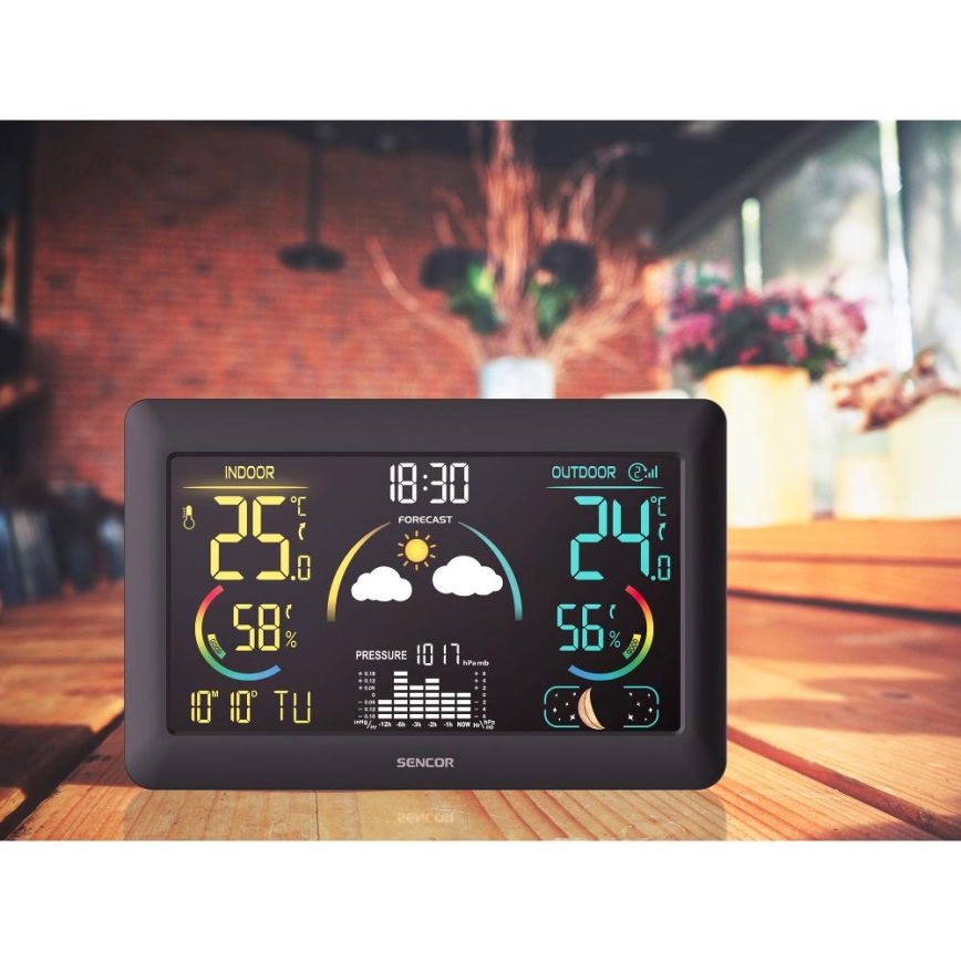 Sencor - Estação meteorológica com ecrã LCD a cores e despertador 3xAA