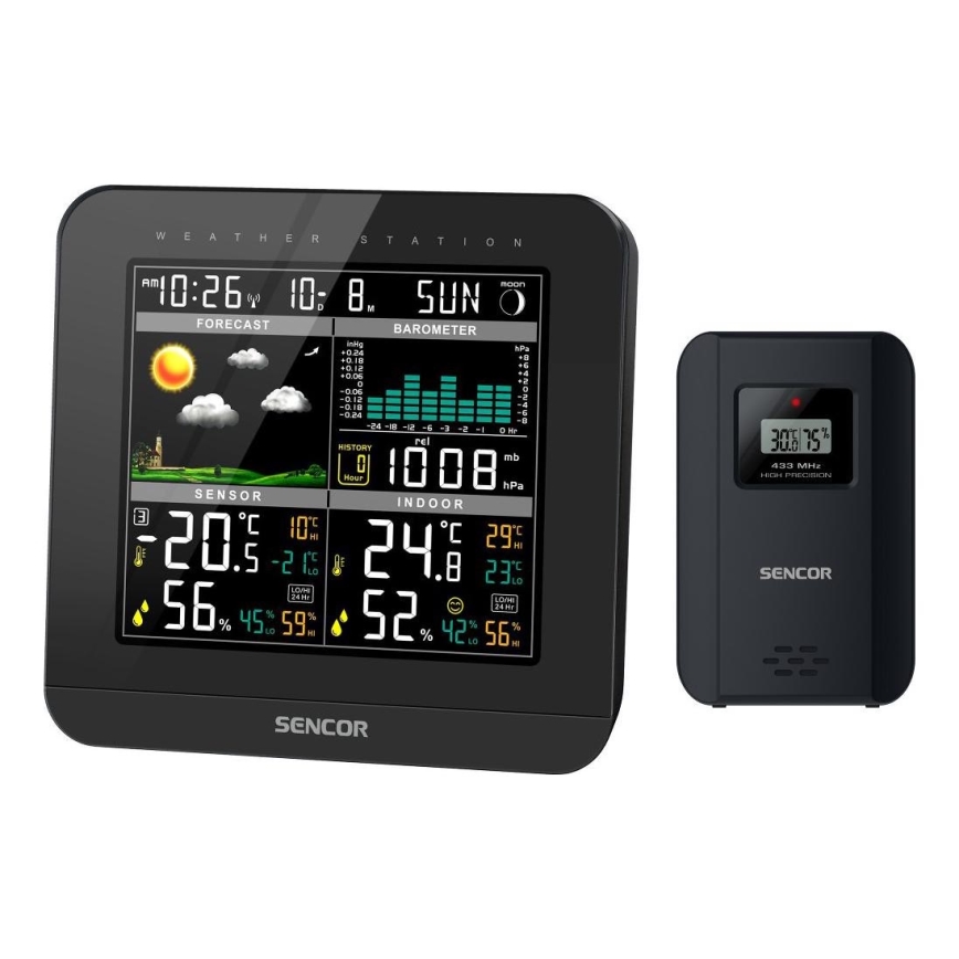 Sencor - Estação meteorológica com ecrã LCD a cores e despertador 3xAAA preto