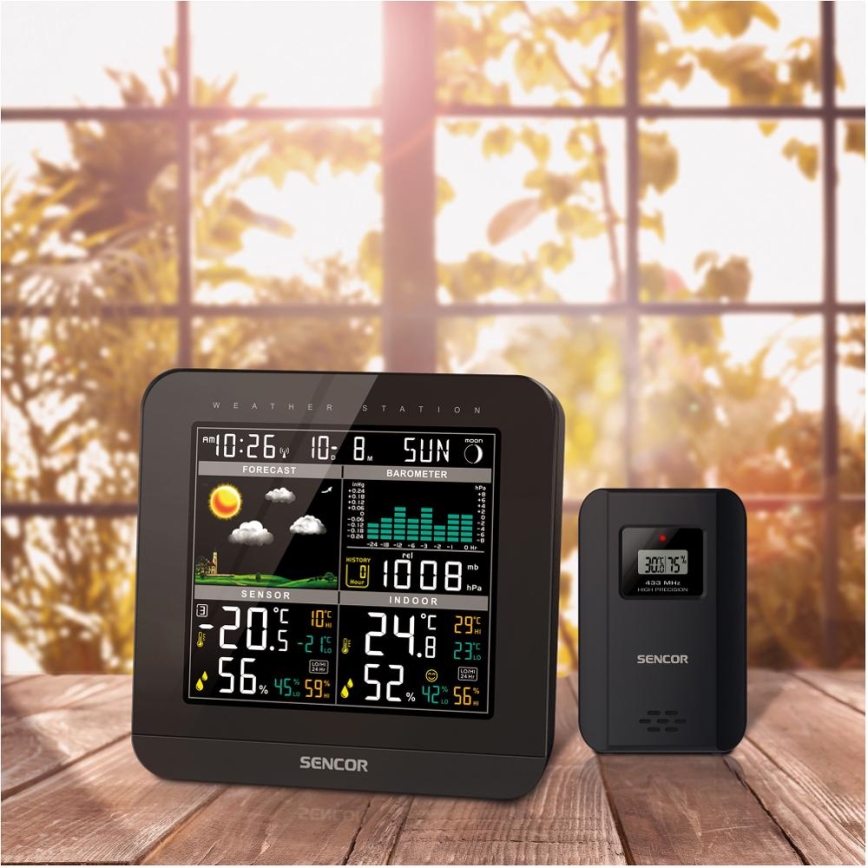 Sencor - Estação meteorológica com ecrã LCD a cores e despertador 3xAAA preto