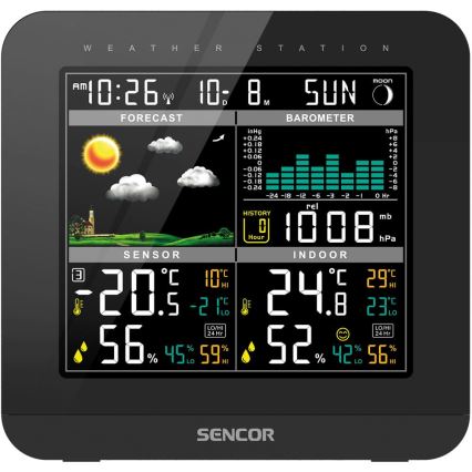 Sencor - Estação meteorológica com ecrã LCD a cores e despertador 3xAAA preto