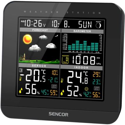 Sencor - Estação meteorológica com ecrã LCD a cores e despertador 3xAAA preto