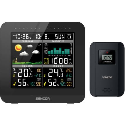Sencor - Estação meteorológica com ecrã LCD a cores e despertador 3xAAA preto