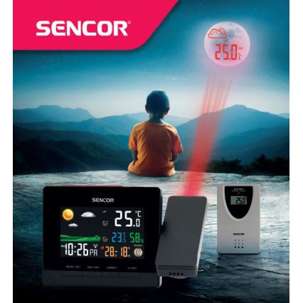 Sencor - Estação meteorológica com ecrã LCD a cores, relógio despertador e projeção 2xAA