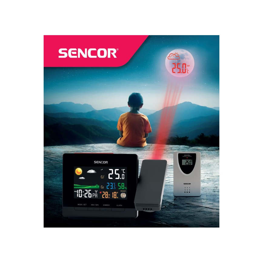 Sencor - Estação meteorológica com ecrã LCD a cores, relógio despertador e projeção 2xAA