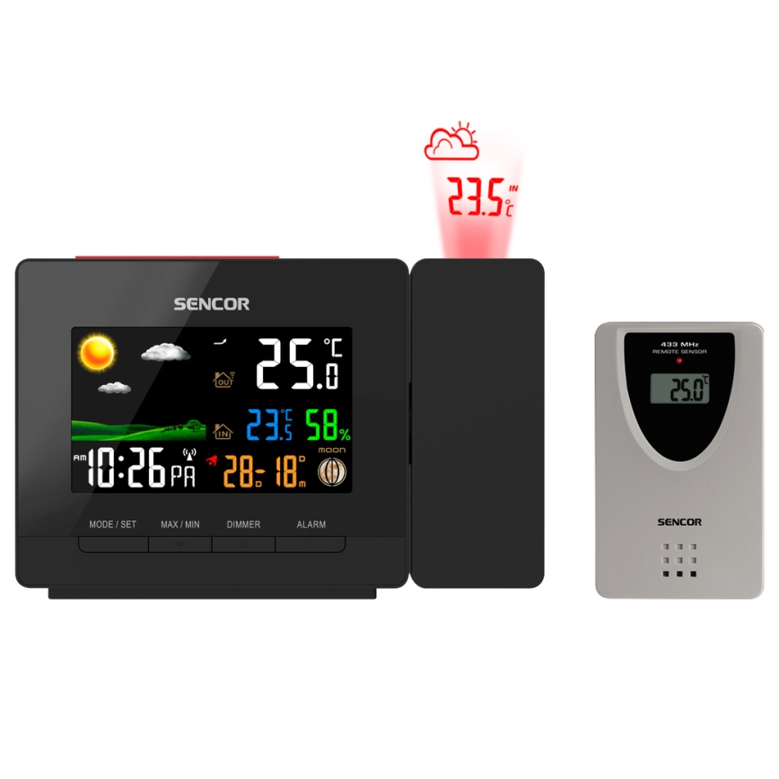 Sencor - Estação meteorológica com cor LCD display, despertador e projetor 2xAA + 2xAAA