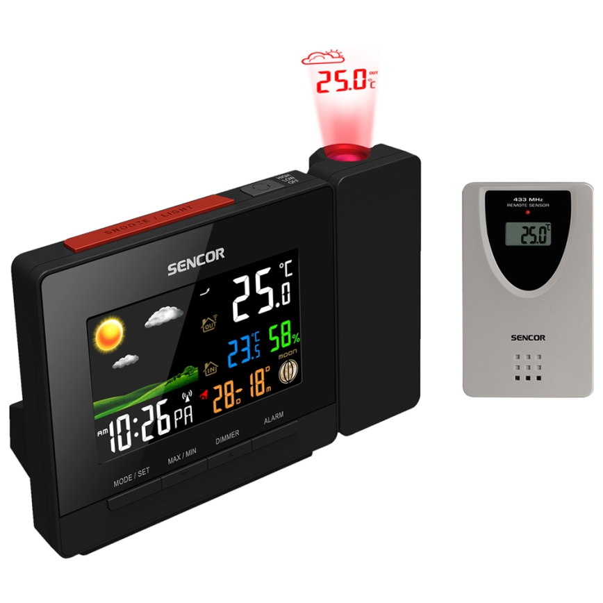 Sencor - Estação meteorológica com cor LCD display, despertador e projetor 2xAA + 2xAAA