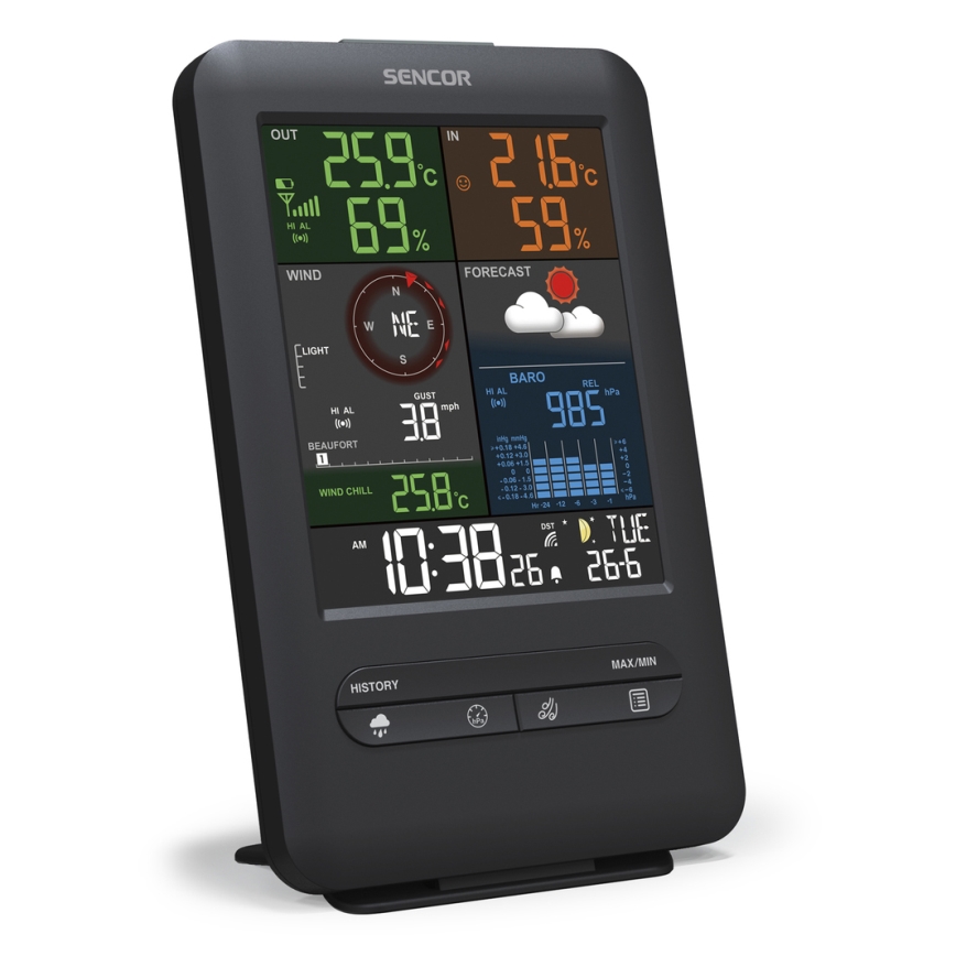 Sencor - Estação meteorológica profissional com ecrã LCD e despertador 1xCR2032 + 3xAA