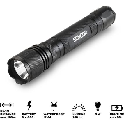 Sencor - Lanterna de alumínio LED LED/5W/6xAAA IP44 preto