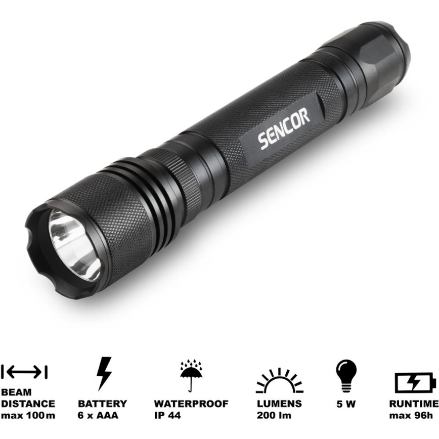 Sencor - Lanterna de alumínio LED LED/5W/6xAAA IP44 preto