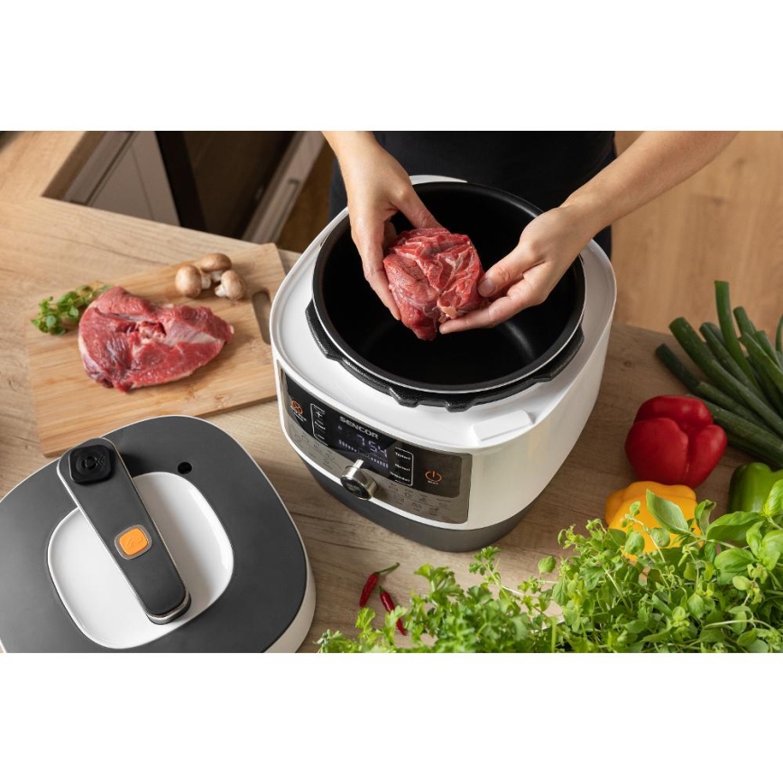 Sencor - Panela de pressão elétrica multifuncional 5,5 l 1000W/230V branco/preto