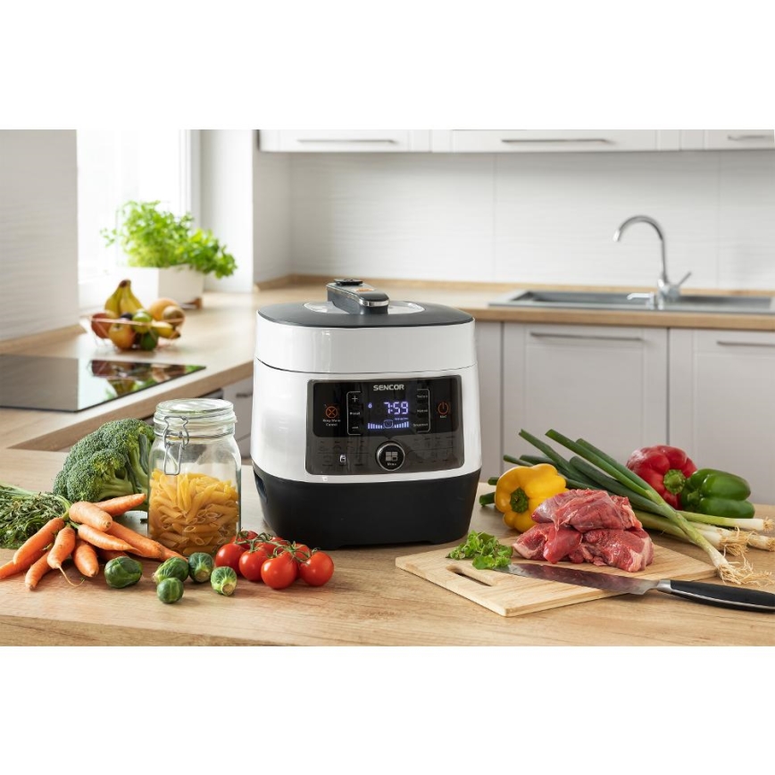 Sencor - Panela de pressão elétrica multifuncional 5,5 l 1000W/230V branco/preto