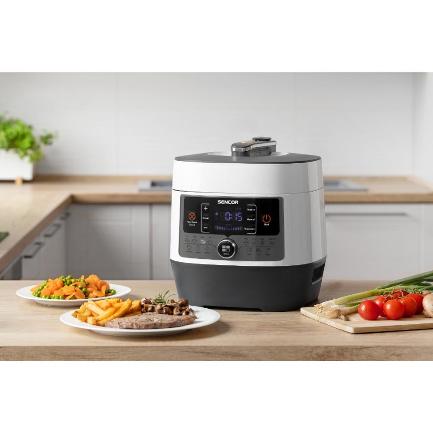 Sencor - Panela de pressão elétrica multifuncional 5,5 l 1000W/230V branco/preto