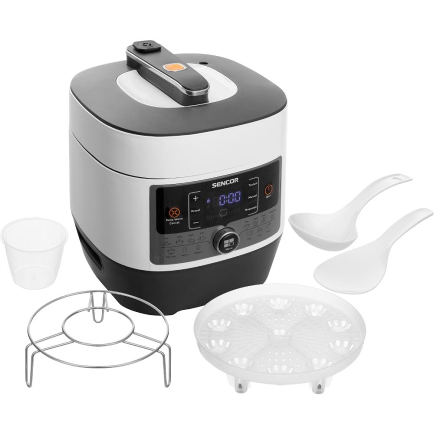 Sencor - Panela de pressão elétrica multifuncional 5,5 l 1000W/230V branco/preto