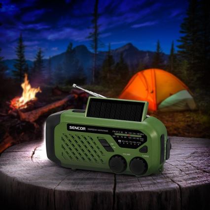 Sencor - Rádio de campismo com painel solar e Lanterna LED com gancho e íman 5V/2000 mAh IPX4 verde