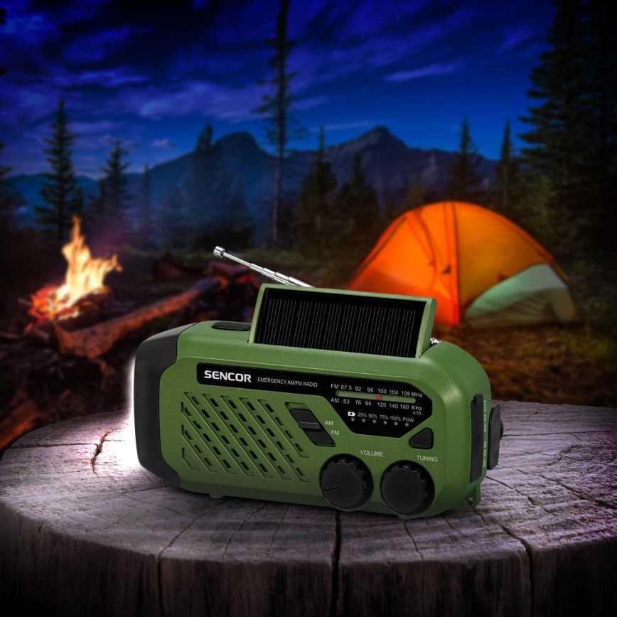 Sencor - Rádio de campismo com painel solar e Lanterna LED com gancho e íman 5V/2000 mAh IPX4 verde
