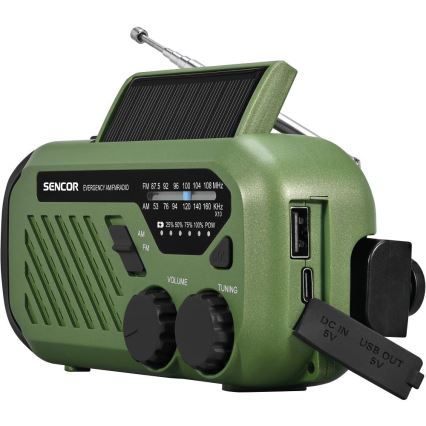 Sencor - Rádio de campismo com painel solar e Lanterna LED com gancho e íman 5V/2000 mAh IPX4 verde