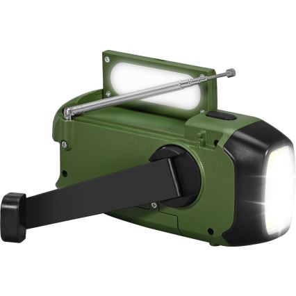 Sencor - Rádio de campismo com painel solar e Lanterna LED com gancho e íman 5V/2000 mAh IPX4 verde
