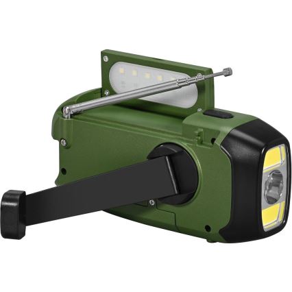 Sencor - Rádio de campismo com painel solar e Lanterna LED com gancho e íman 5V/2000 mAh IPX4 verde