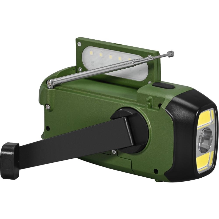 Sencor - Rádio de campismo com painel solar e Lanterna LED com gancho e íman 5V/2000 mAh IPX4 verde