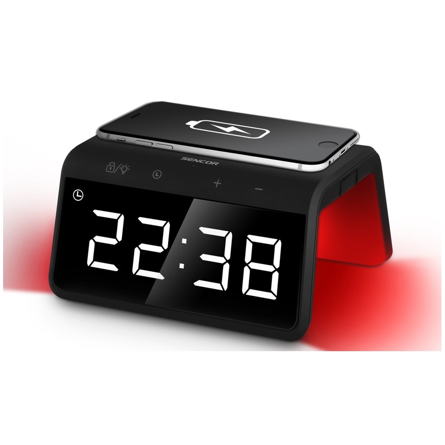 Sencor - Relógio despertador LED RGB com carregamento sem fios 10W