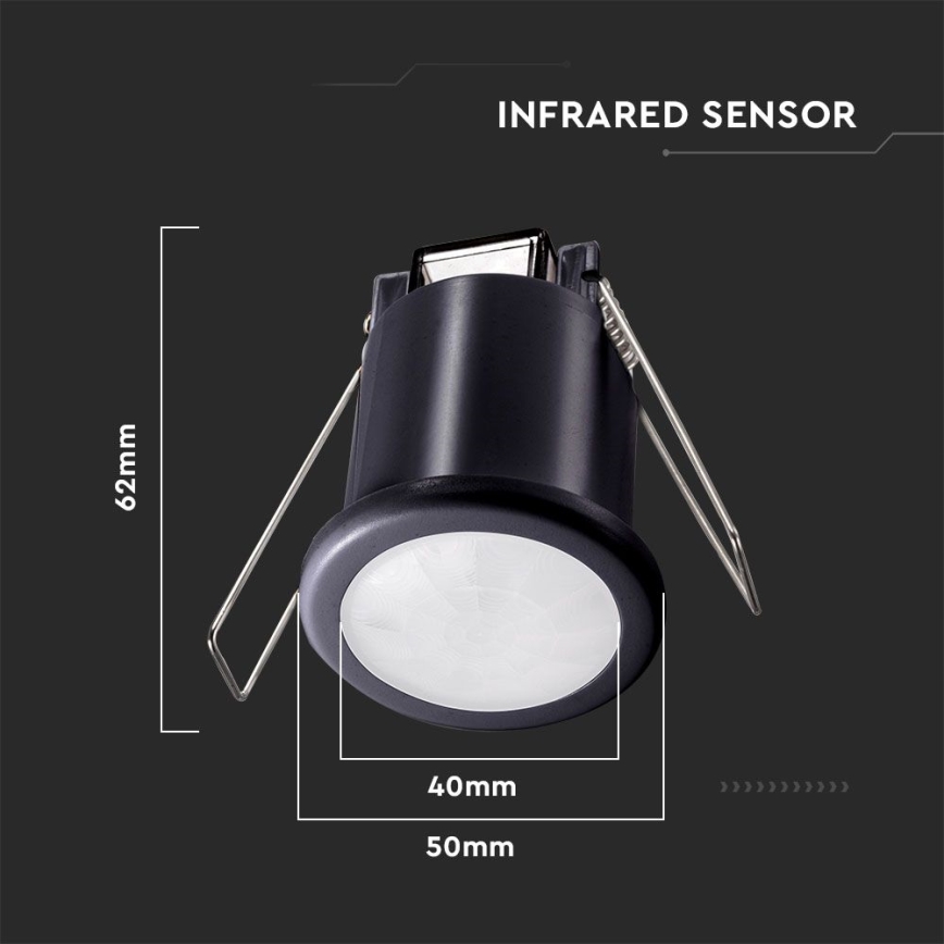 Sensor de movimento embutido PIR 360° 400W/230V preto
