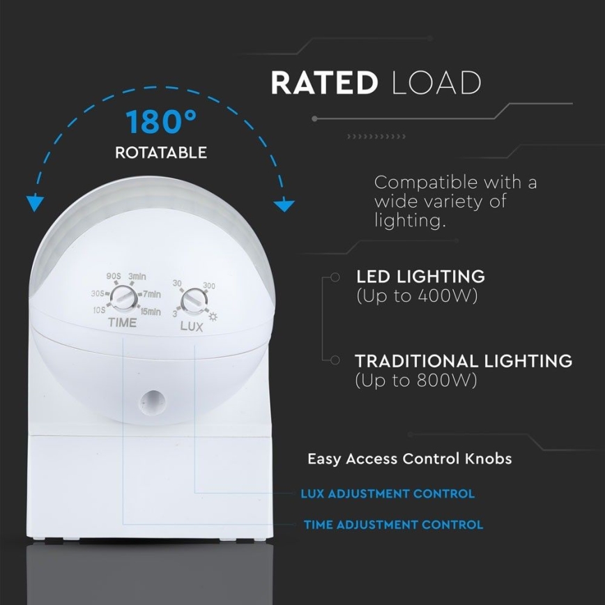 Sensor de movimento PIR 180° 800W/230V IP44 branco