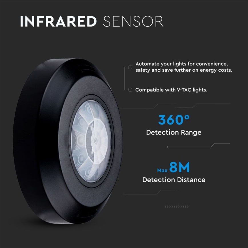 Sensor de movimento por infravermelhos 360° 200W/230V preto