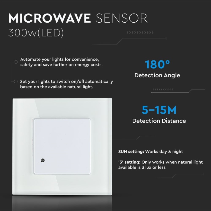 Sensor de movimento por micro ondas 180° 300W/230V branco