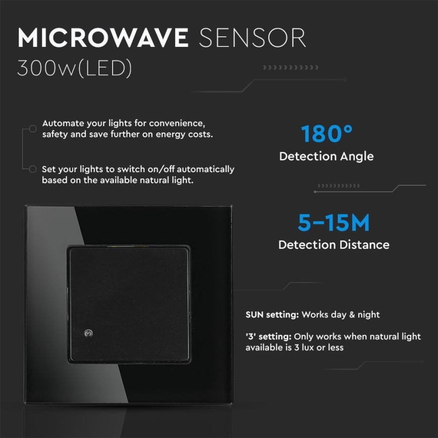 Sensor de movimento por micro ondas 180° 300W/230V preto