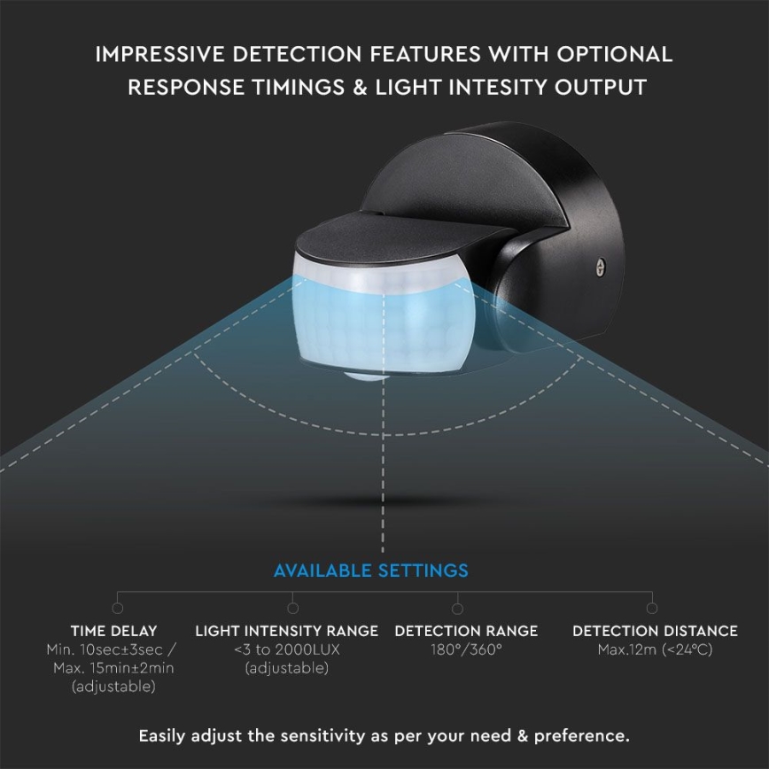 Sensor exterior de movimento por infravermelhos 180/360° 600W/230V IP65 preto